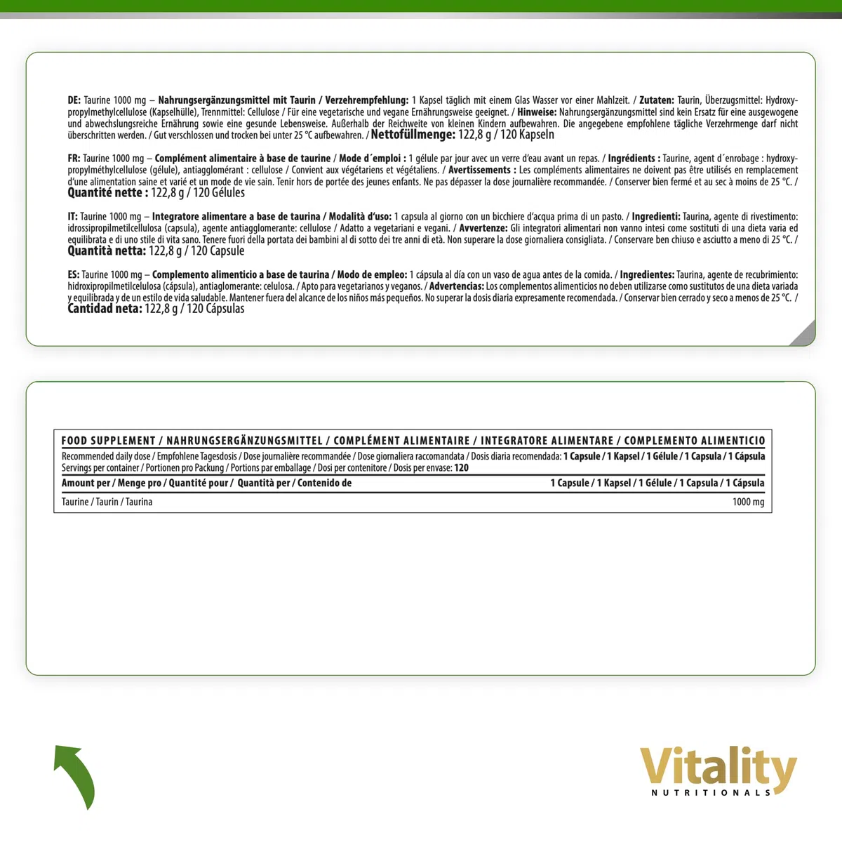 Taurin Kapseln 1000 mg. 4 Monate 1 Kapsel Pro Tag. Taurin Kapseln Hochdosiert. Pre Workout Ohne Koffein, Aminosäuren, Frei von Laktose, Gluten und Hefe, Vegan. Vitality Nutritionals by VitaminExpress