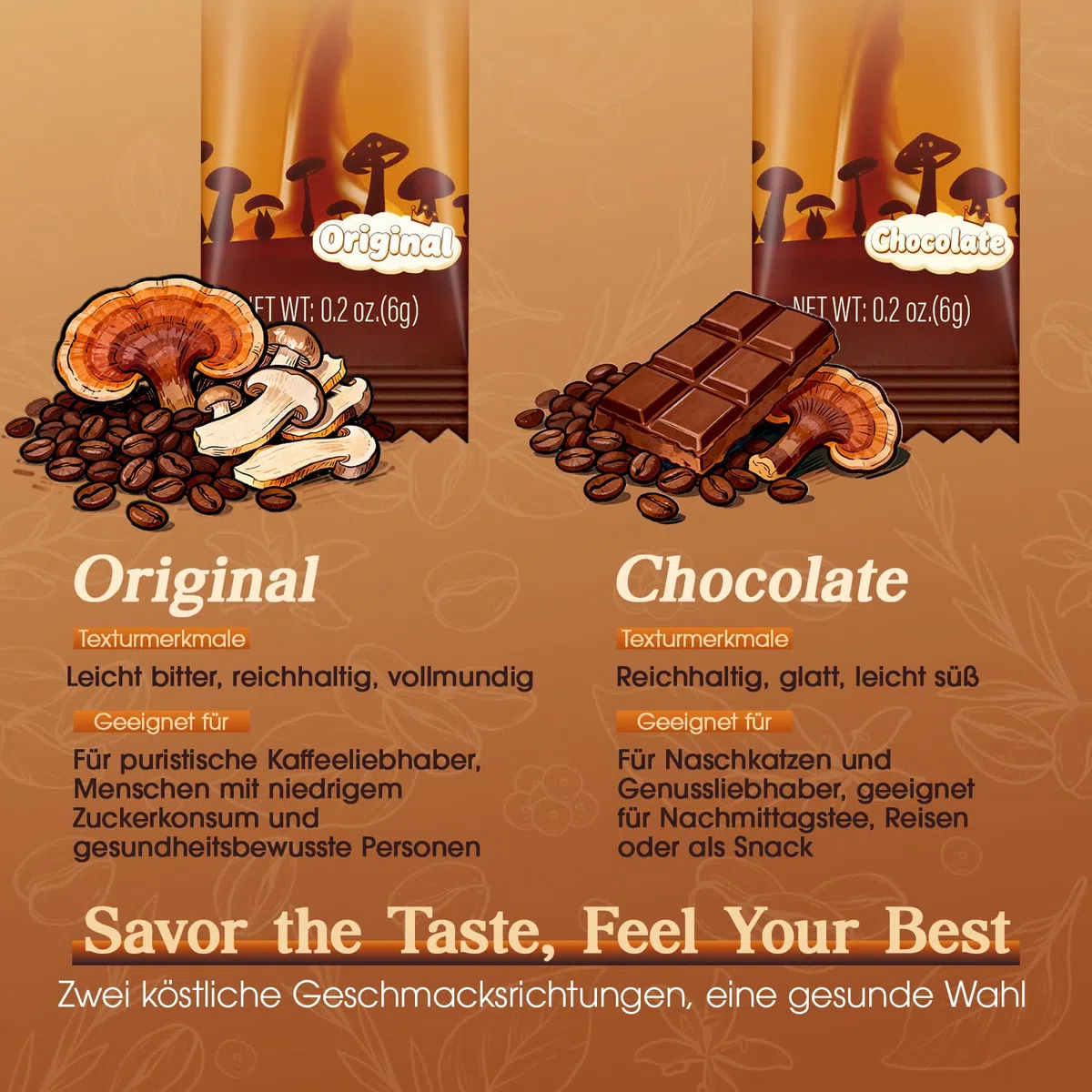 Pilzkaffee – Mushroom Coffee in 32 Einzeldosisbeuteln (192 g) | 7 Pilzextrakte + Ashwagandha, L-Theanin & Baldrian | 2250 mg Wirkstoffkomplex pro Portion (Schokolade)