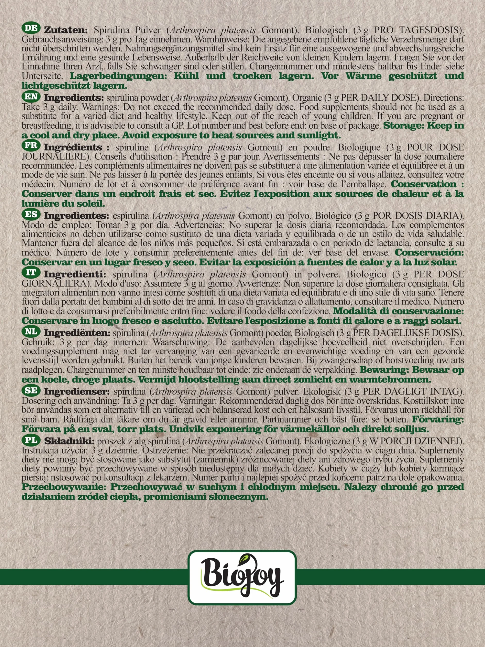 Biojoy BIO-Spirulina Pulver (1 kg), roh und rein, Spirulina Algen (Arthrospira platensis)