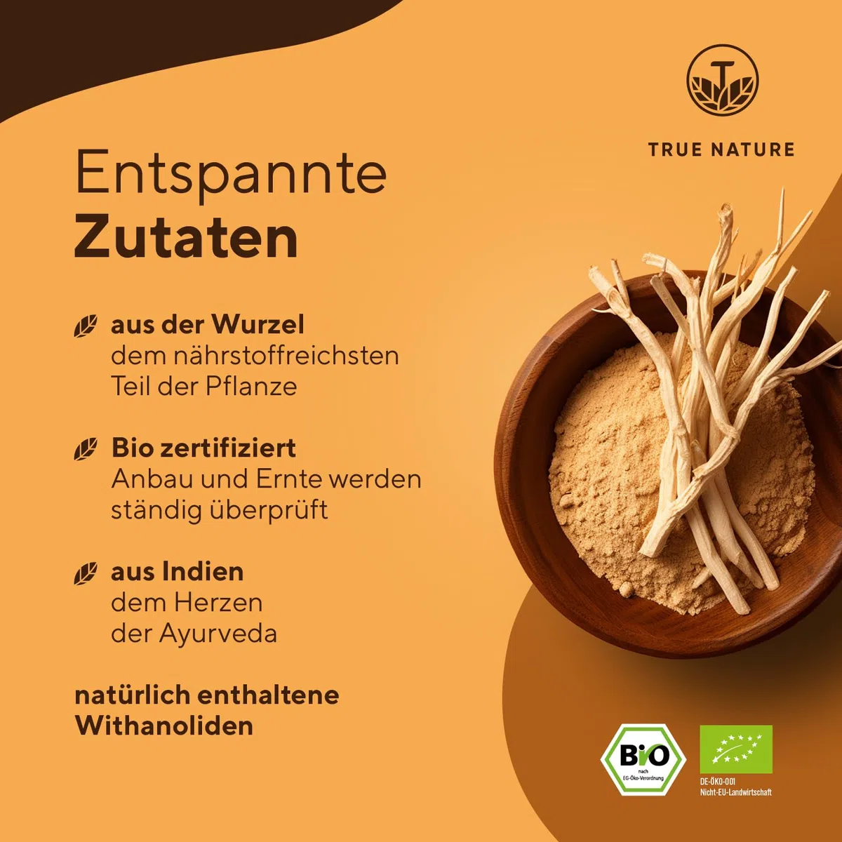 Ashwagandha Bio - 360 Kapseln - Bio Ashwagandha Kapseln hochdosiert - 2600mg - reines Wurzelpulver mit naturbelassenem vollem Nährstoffprofil (nicht extrahiert) - Indische Schlafbeere - TRUE NATURE