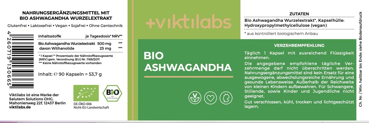 Bio Ashwagandha Kapseln - 500 mg Bio Ashwagandha Kapseln je Tagesdosis - Hochdosierter Vollspektrum-Wurzelextrakt mit Withanoliden - Traditionell gewonnen & vegetarisch (1er Pack)