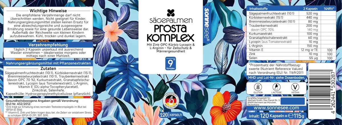 Sägepalmen Prosta 9-in-1 Komplex 120 Kapseln mit Kürbiskernextrakt 15:1, Brennnessel, OPC, Lycopin & L-Arginin – Hochdosiert mit Zink für Testosteronspiegel & Männergesundheit – Vegan