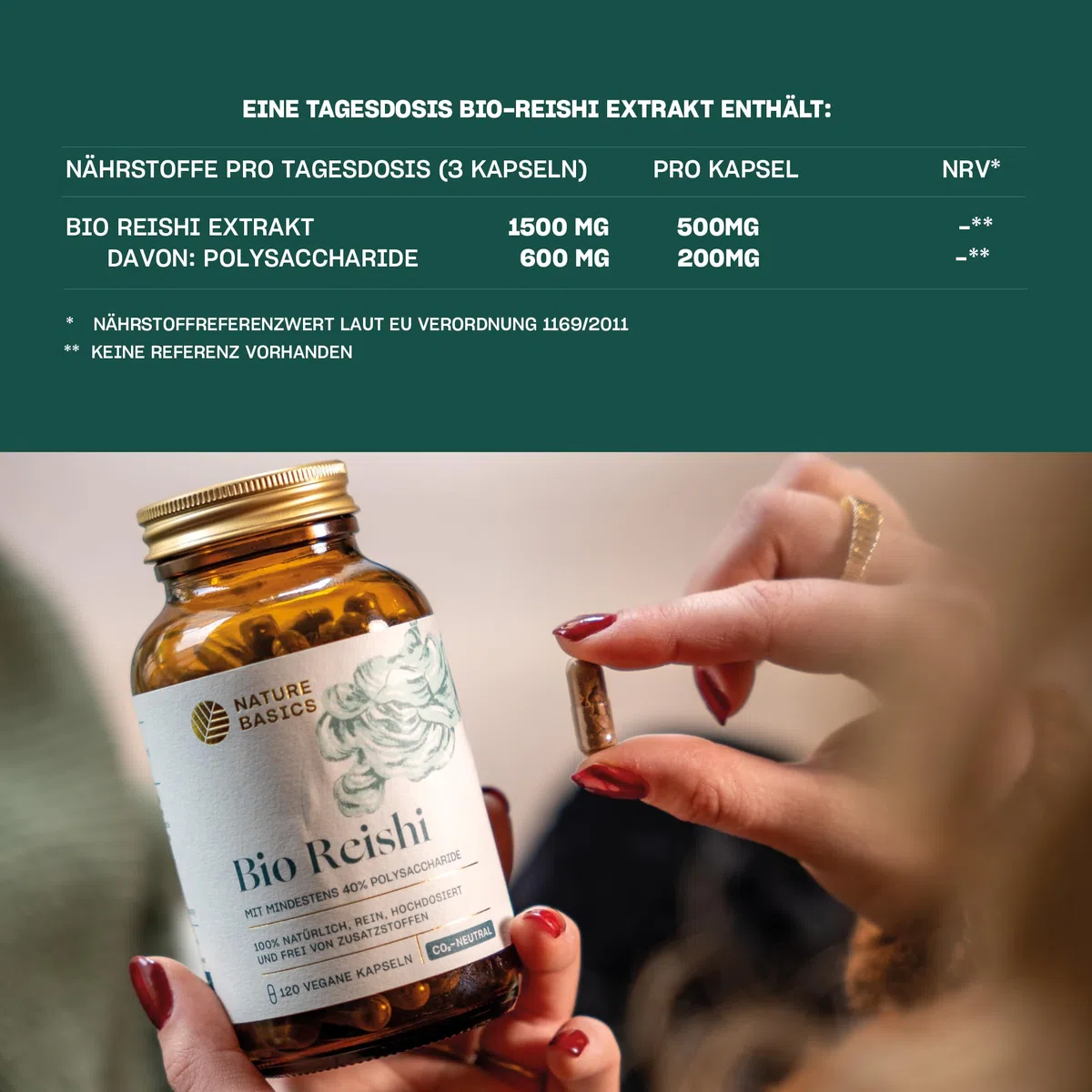 Bio Reishi - 120 Kapseln hochdosiert / 1500 mg hochwertiges Bio Reishi Extrakt mit 600 mg Polysacchariden pro Tagesdosis/Vegan, Zertifiziert & Nachhaltig im Glas