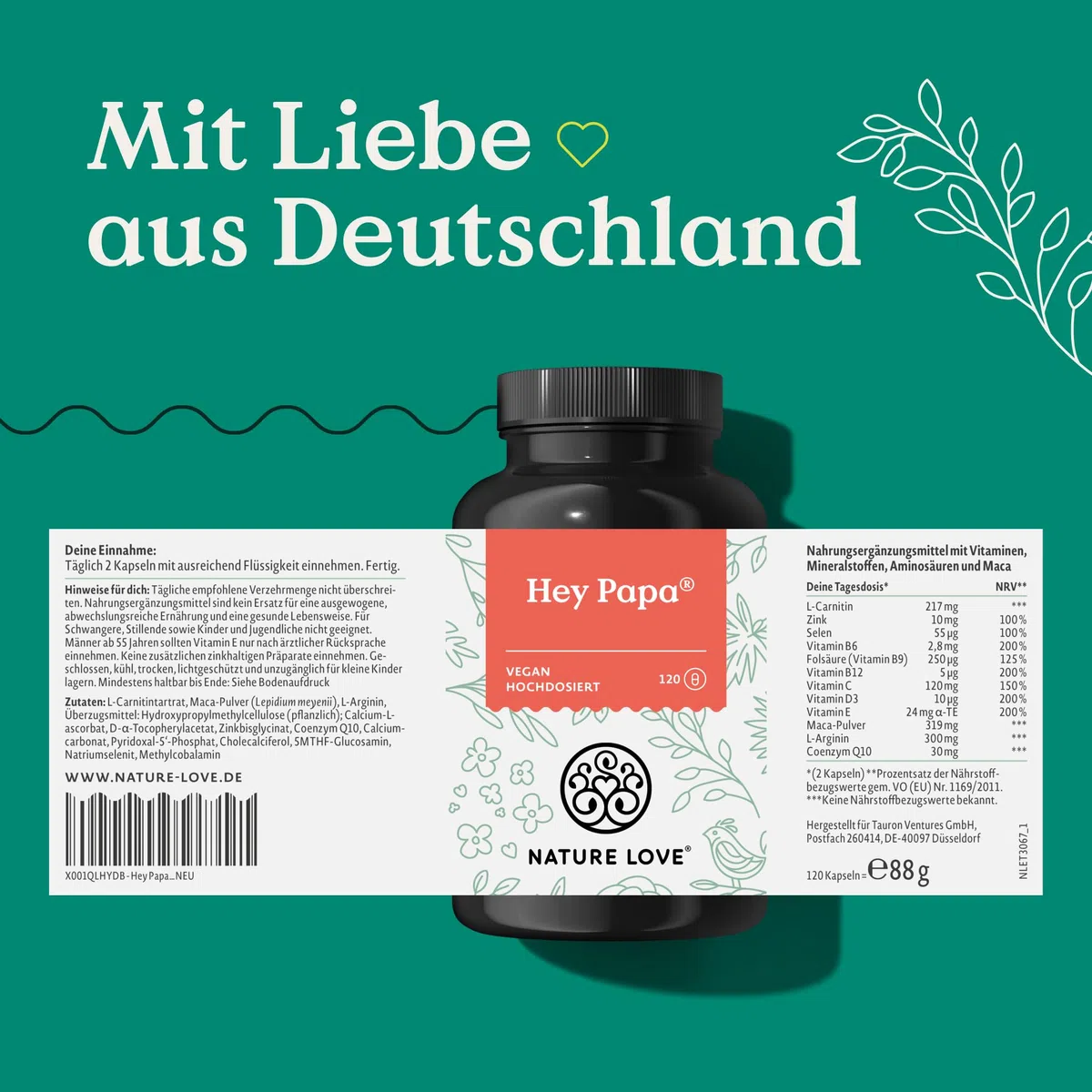Nature Love Hey Papa - 120 Kapseln - 12 Inhaltsstoffe: Folsäure, Maca, Selen, Zink, L-Arginin, L-Carnitin, Q10, Vitamin C, B6, B12, D3 und E - vegan und laborgeprüft