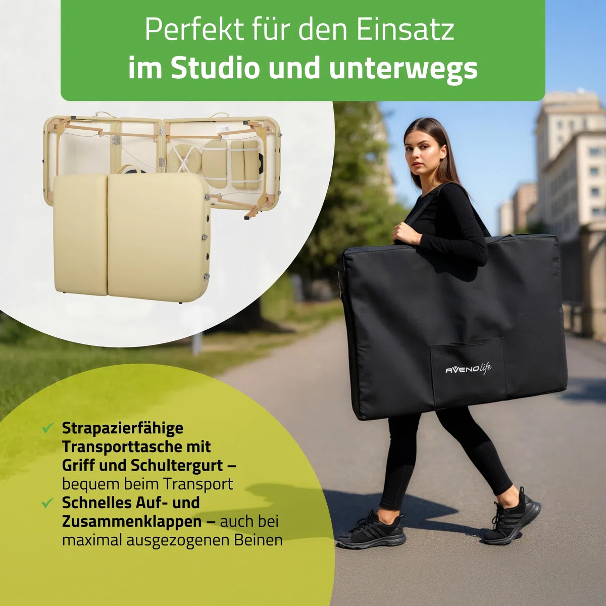 HABYS Mobile Massageliege Klappbar aus Holz 3 Zonen 185×70cm Verstellbare Rückenlehne 48° Massagetisch mit Kopfstütze Tragetasche bis 250 kg