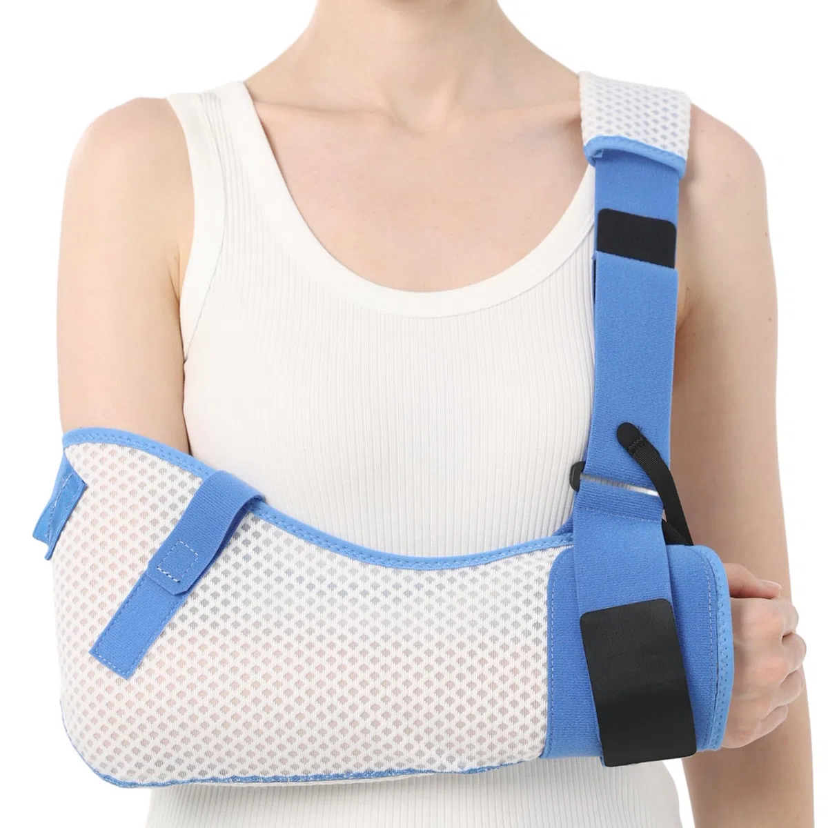 Armschlinge für Schulterverletzungen mit Taillengurt, Wegfahrsperre Klammer Unterstützung für Schlafen, Rotatorenmanschette Chirurgie (Atmungsaktive Version, Rechter Arm, S, 63-78CM)