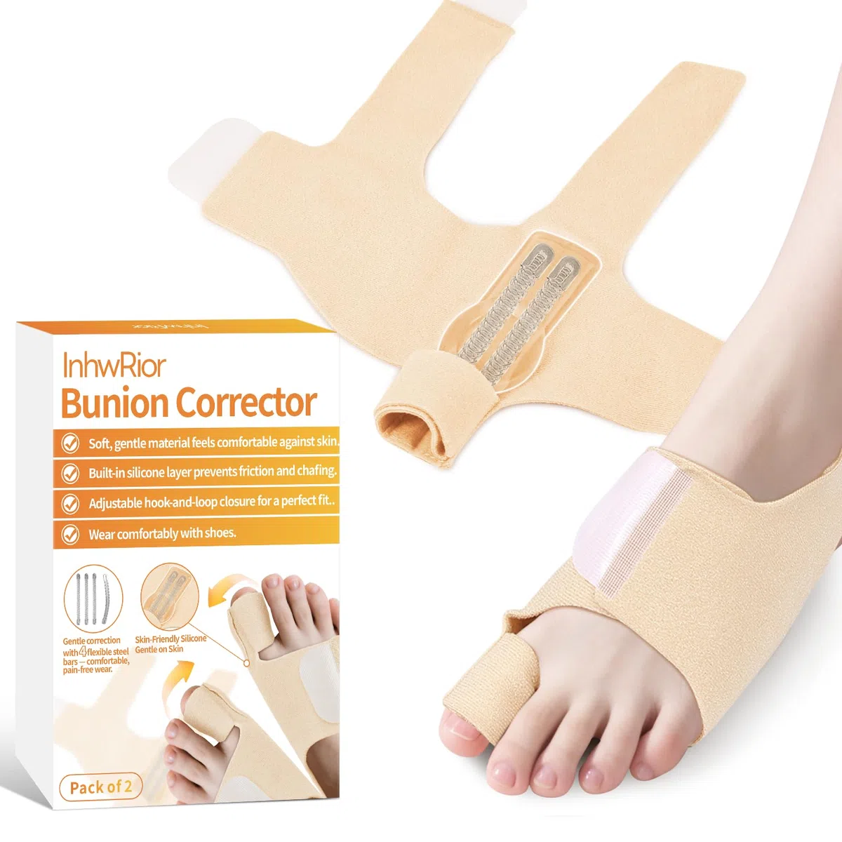 InhwRior Hallux-valgus-Korrektor mit 4 flexiblen rostfreien Stahlstreifen (je 2 pro Seite), ​​Silikonschutzkissen zur Polsterung, ​​schmerzfreie Verbesserung des Fußzustands, ​waschbar