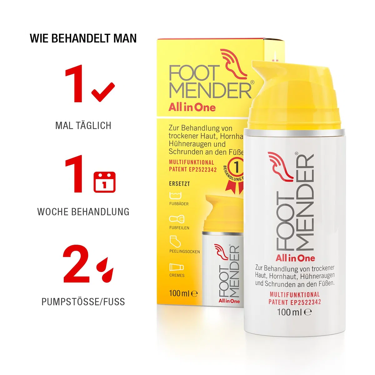 Footmender All in One Fußbehandlung, 100 ml | Behandelt trockene Füße, Gegen Hornhaut und Hühneraugen, Heilt Schrunden, Signifikante Wirkung nach erster Behandlung