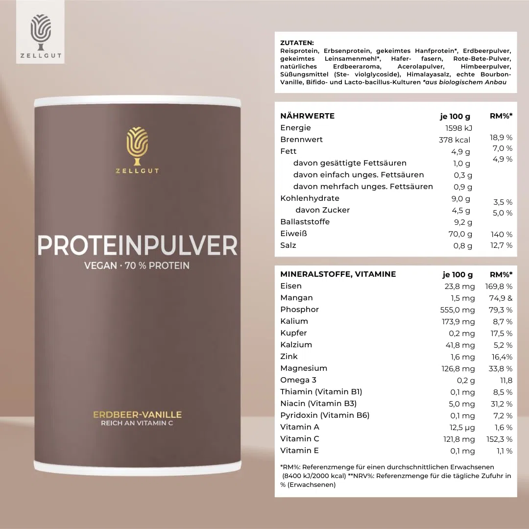 PROTEINPULVER ERDBEER-VANILLE • 70% Protein • 3 pflanzliche Proteinquellen • enthält gesunde Darmbakterien • vegan & glutenfrei • sojafrei