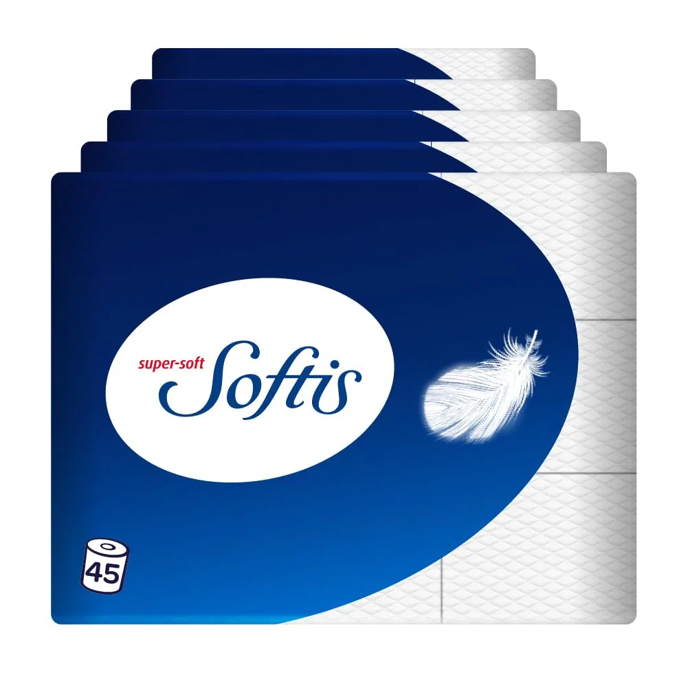 Softis 4-lagiges Toilettenpapier | 45 Rollen-Packung (5 x 9 Einzelpackungen) | 100 Blatt pro Rolle | Einzigartiges Softkammer-System | Recyclebare Verpackung | FSC-zertifiziertes Papier