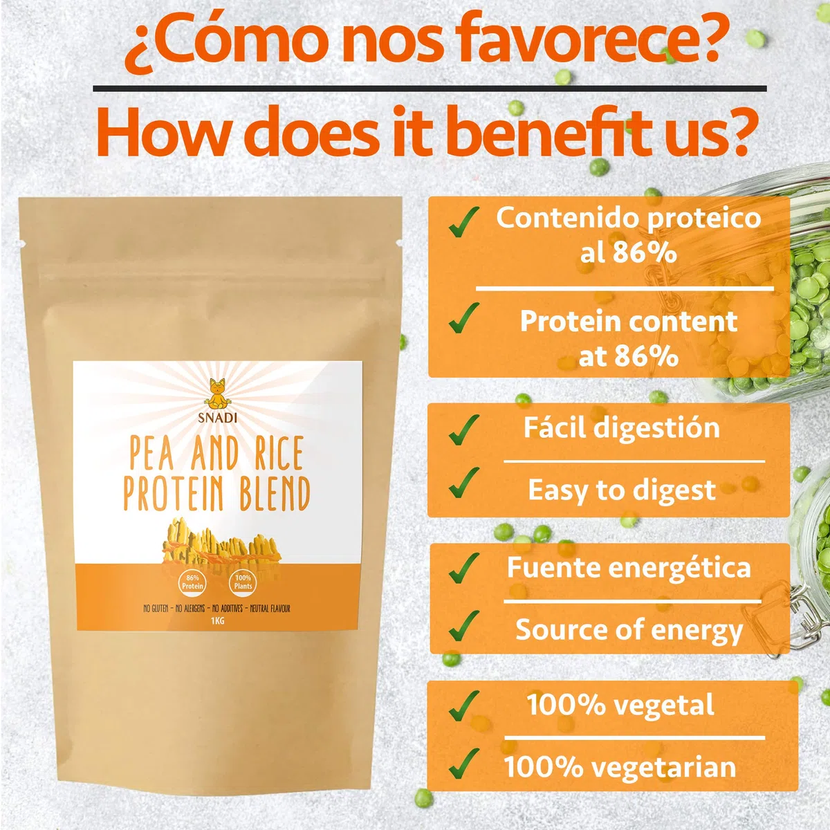Isoliertes Veganes Protein aus Erbse und Reis | 1kg | 100% Rein | Hoher Proteingehalt | Glutenfrei | Leicht Verdaulich | Ohne Zusatzstoffe | Nahrungsergänzungsmittel