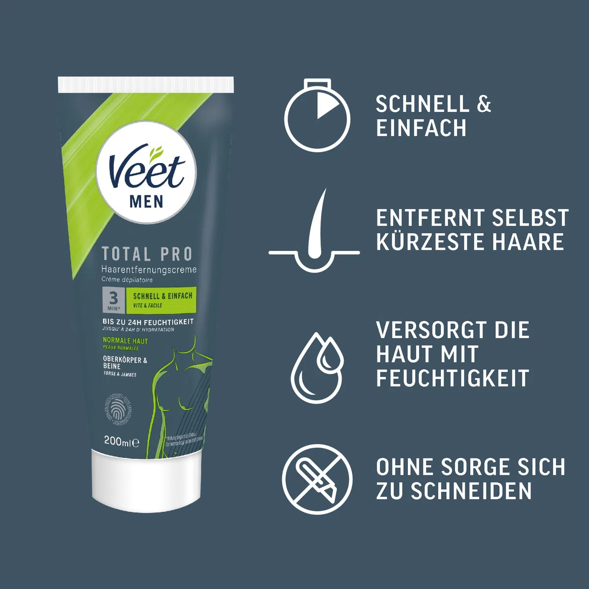 Veet Men Haarentfernungscreme für Oberkörper & Beine - Enthaarungscreme für Männer, Haarentfernung in 5-10 Minuten - 3 x 200 ml Tube & Spatel