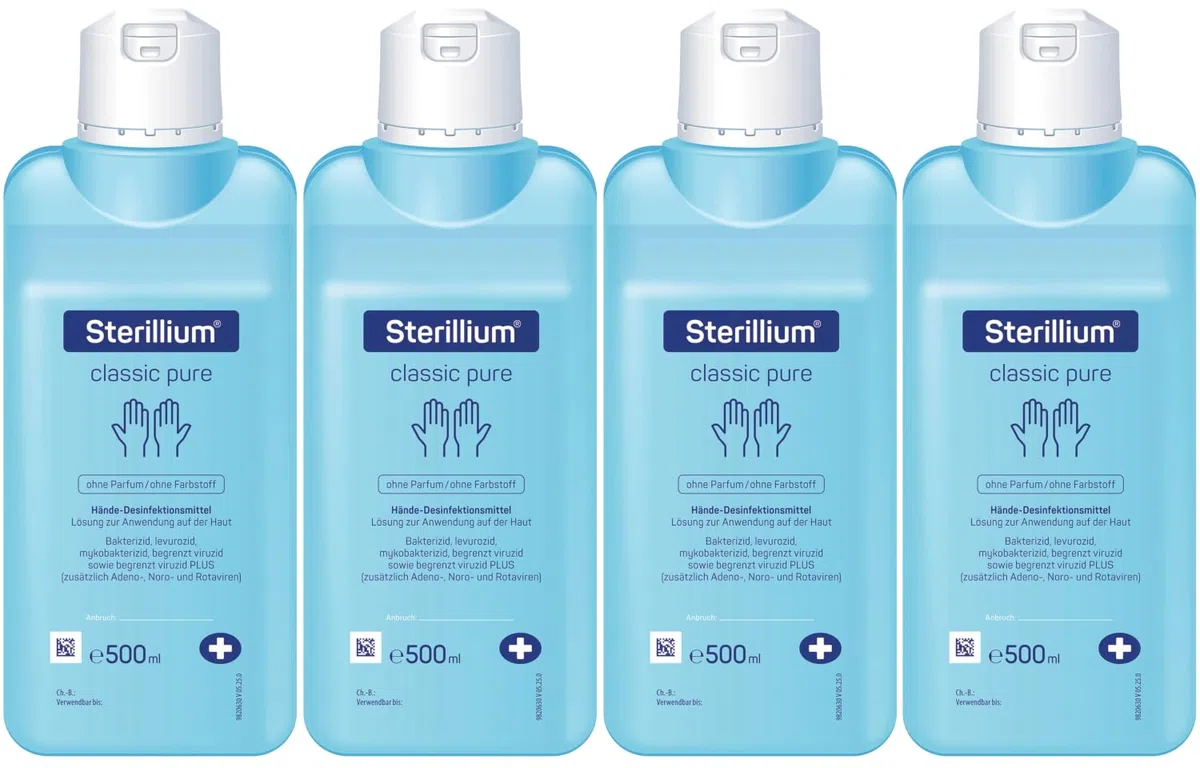 Sterillium Classic Pure Händedesinfektionsmittel, farbstoff- und parfümfrei, für hygienische Händedesinfektion, 4 x 500 ml