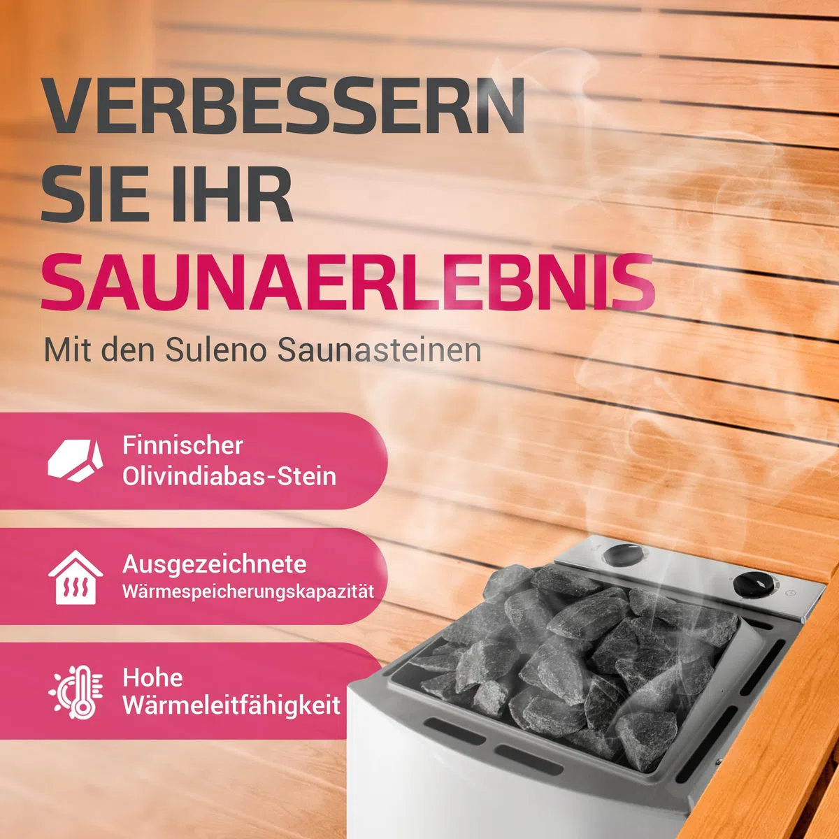 Suleno - Hochwertige Olivin-Diabas Saunasteine aus Finnland, Unverzichtbares Sauna-Zubehör, Ideal für den Saunaaufguss, Set mit variierenden 8- bis 10-Zentimeter-Steinen, Saunasteine 20kg