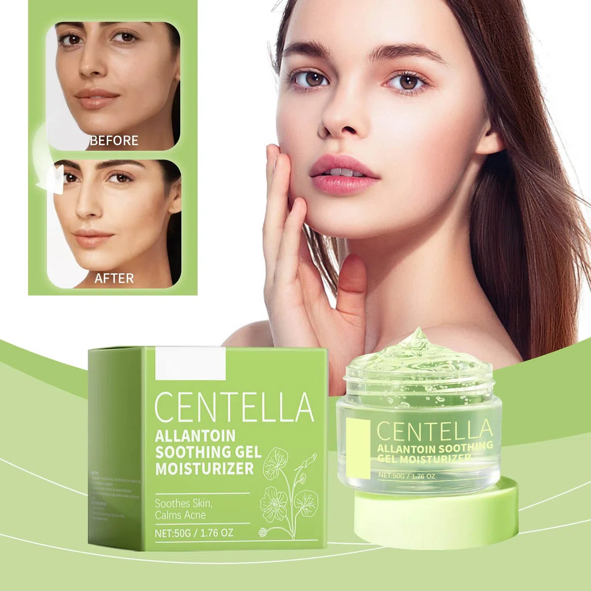 Glad2Glow Centella Allantoin Beruhigendes Gel-Feuchtigkeitscreme Ohne Alkohol Duft & Öl Beruhigendes und feuchtigkeitsspendendes Gesichtsgel für alle Hauttypen 1 Stück YbD013 (Green, 5x5x4.1cm)