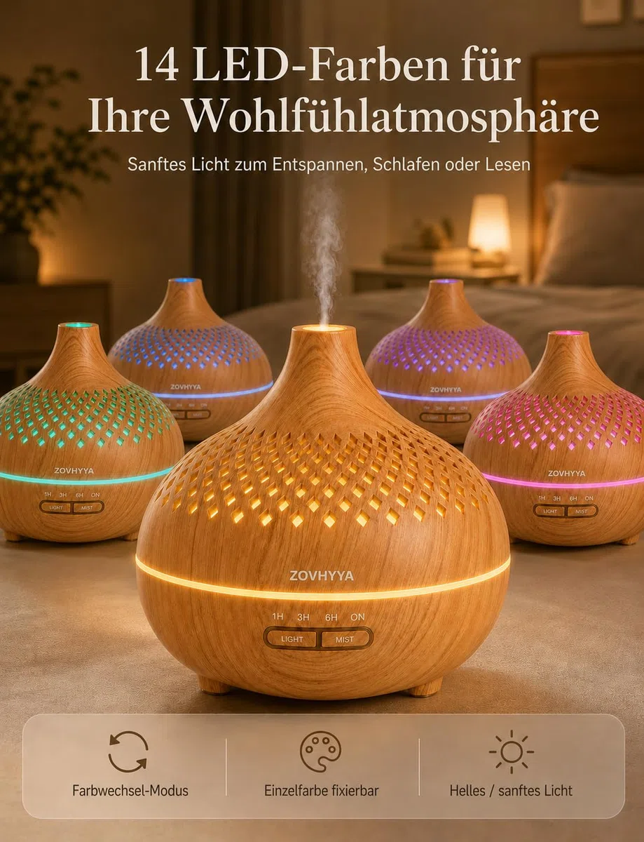 500ML Aroma Diffuser für Ätherische Öle Aromatherapie-Diffuser mit 8 Ölen, Fernbedienung, 4 Timer, 14 Farben und 2 Sprühmodi(Goldgelb)