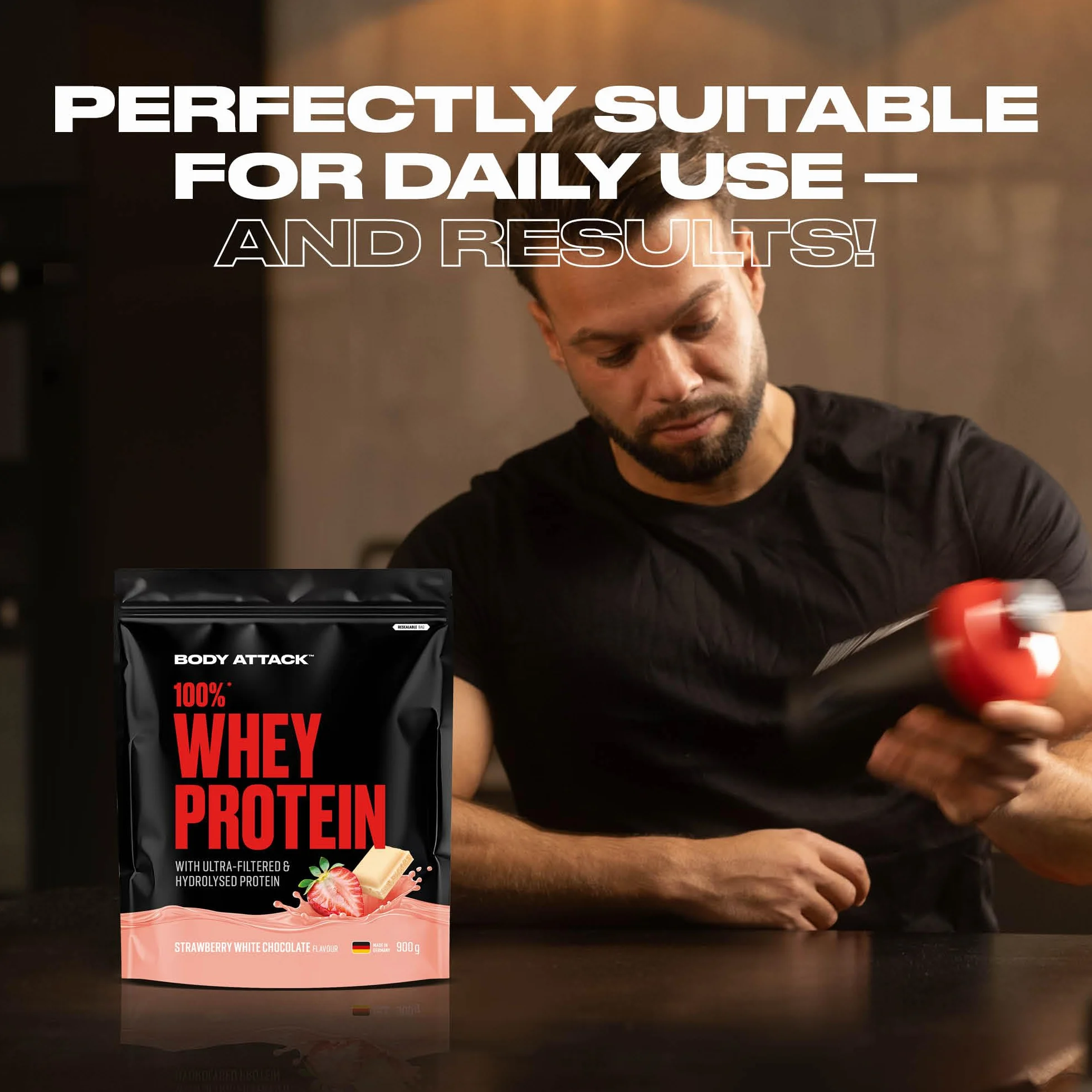 Body Attack 100% Whey Protein - Chocolate, 900 g - Made in Germany - extra cremiges Eiweißpulver mit Hydrolysat und BCAA´s, unterstützt Muskelaufbau und Diäten, für alle Sportler & Athleten