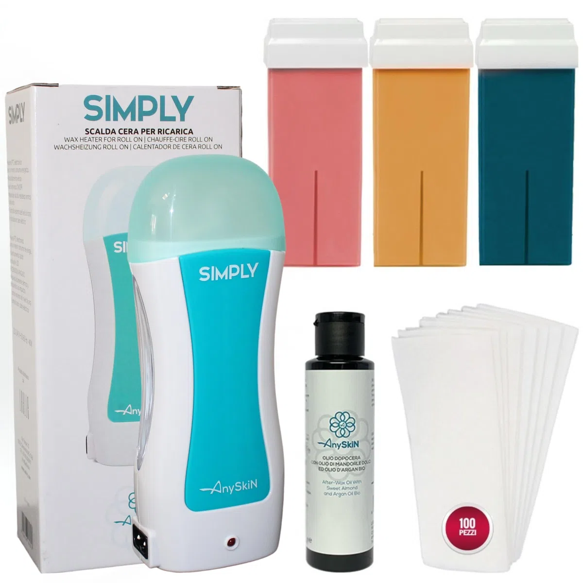 EPILATION KIT> ROLLER WAX WARMER + 3 ROLLER NACHFÜLLUNGEN + ANYSKIN NACH WAX + 100 EPILATION STRIPS