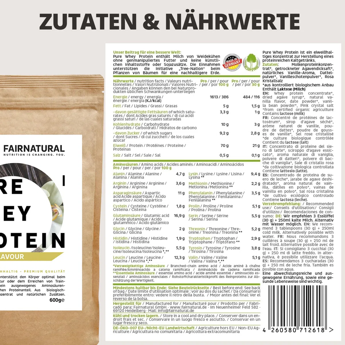 BIO WHEY Protein-Pulver Vanille ohne Chemie [Regional aus Deutschland] - Hochwertige Eiweiß-Shakes » 100% NATÜRLICH « 600g Bio Eiweiß-Pulver aus Premium Molkenprotein-Pulver ohne Soja