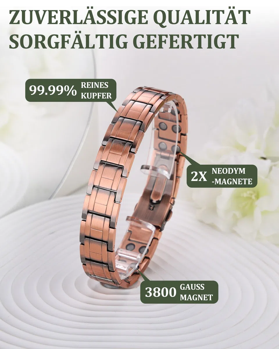 BioMag Herren Kupferarmband aus 99,99% Reinkupfer, Magnetarmband mit Schmetterlingsverschluss und integriertem Größenregler