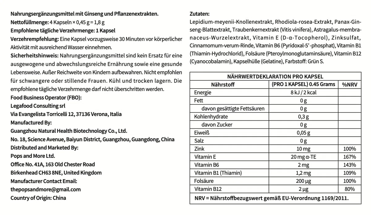 Kapseln mit Ginseng, Maca, Rhodiola, Astragalus, Traubenkernextrakt, Vitaminen & Zink 4 Kapseln – Nahrungsergänzungsmittel für aktive Männer | Praktische 4-Kapsel-Packung