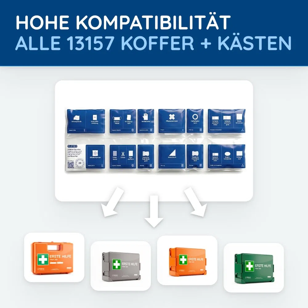 FLEXEO DIN 13157 Nachfüllset für Erste-Hilfe-Koffer, Verbandskasten | Verbandkastenfüllung bestehend aus 85 Teilen inkl. Erste-Hilfe-Anleitung | nach aktueller geltender DIN 13157:2021