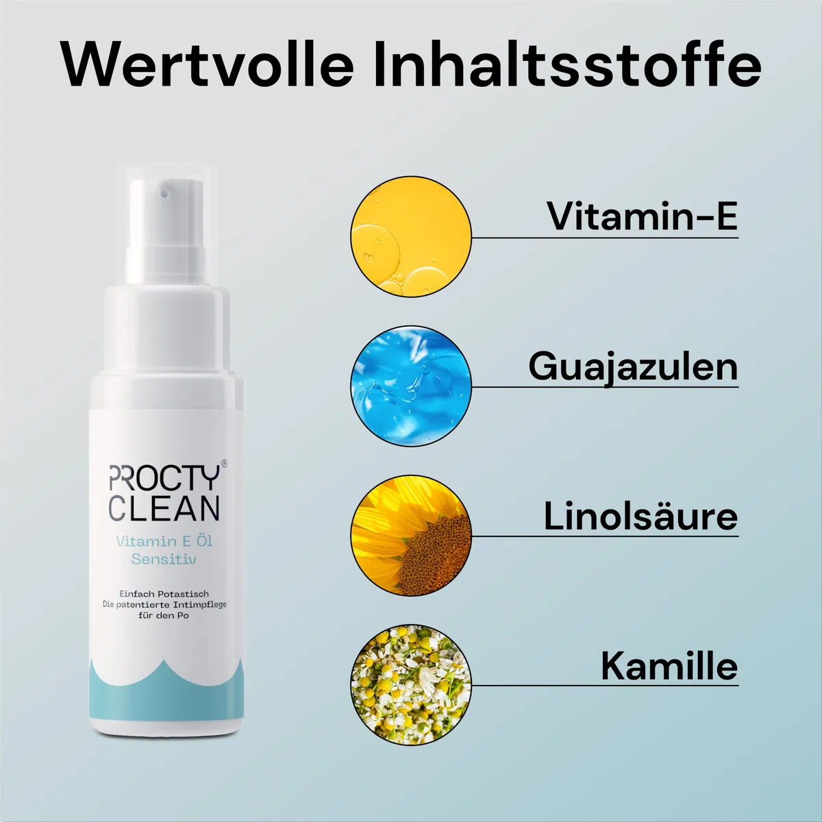 ProctyClean Vitamin-E-Öl für den Po! Alternative für Hämorrhoiden Salbe, feuchtes Toilettenpapier, Salbe für Analfissur, Po Dusche. Intimpflege Damen, Männer. Bei Hämorrhoiden, Entzündungen