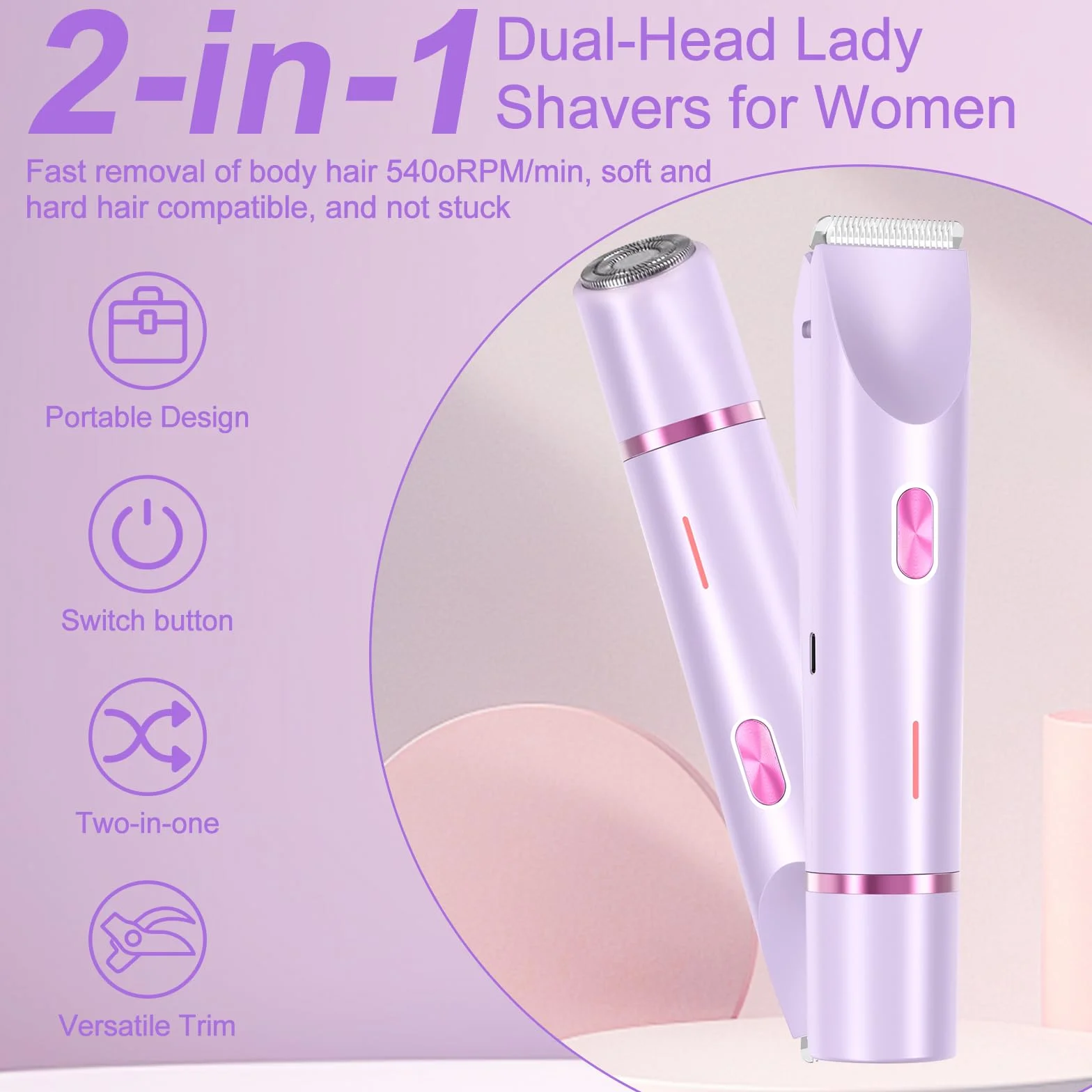 Intimrasierer für Frauen, 2-in-1 Elektrischer Rasierer Damen Intimbereich Intimrasierer, Damenrasierer Elektrisch mit USB-C-Laden für Underarm, Leg, Arm, Body, Face (Lila)