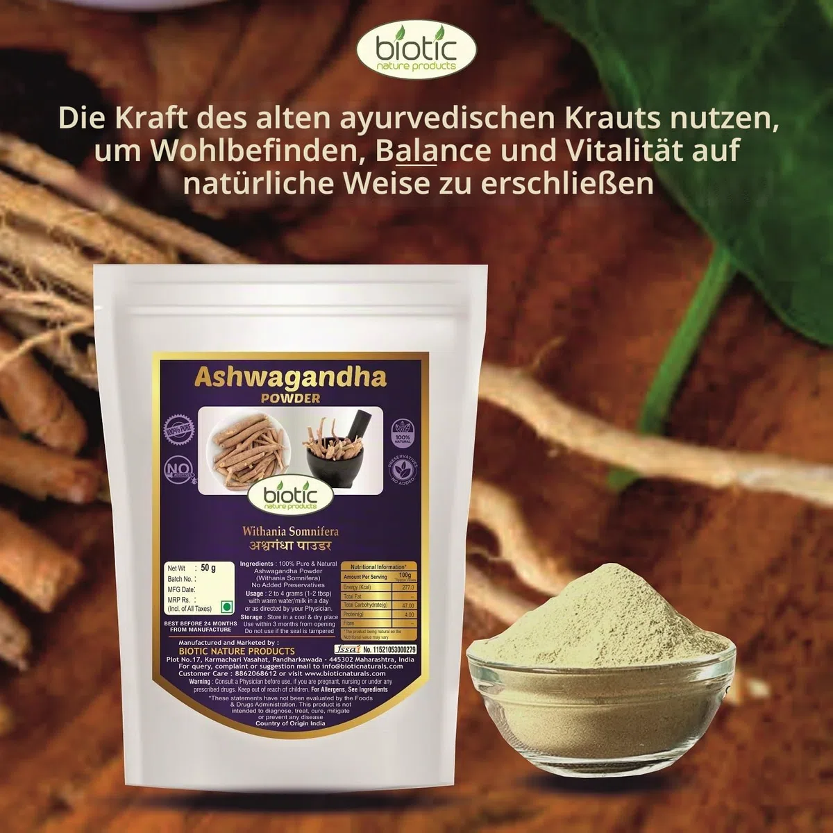 Biotic Safed Musli, Ashwagandha, Shatavari & Kaunch Samenpulver – 200 g (je 50 g)