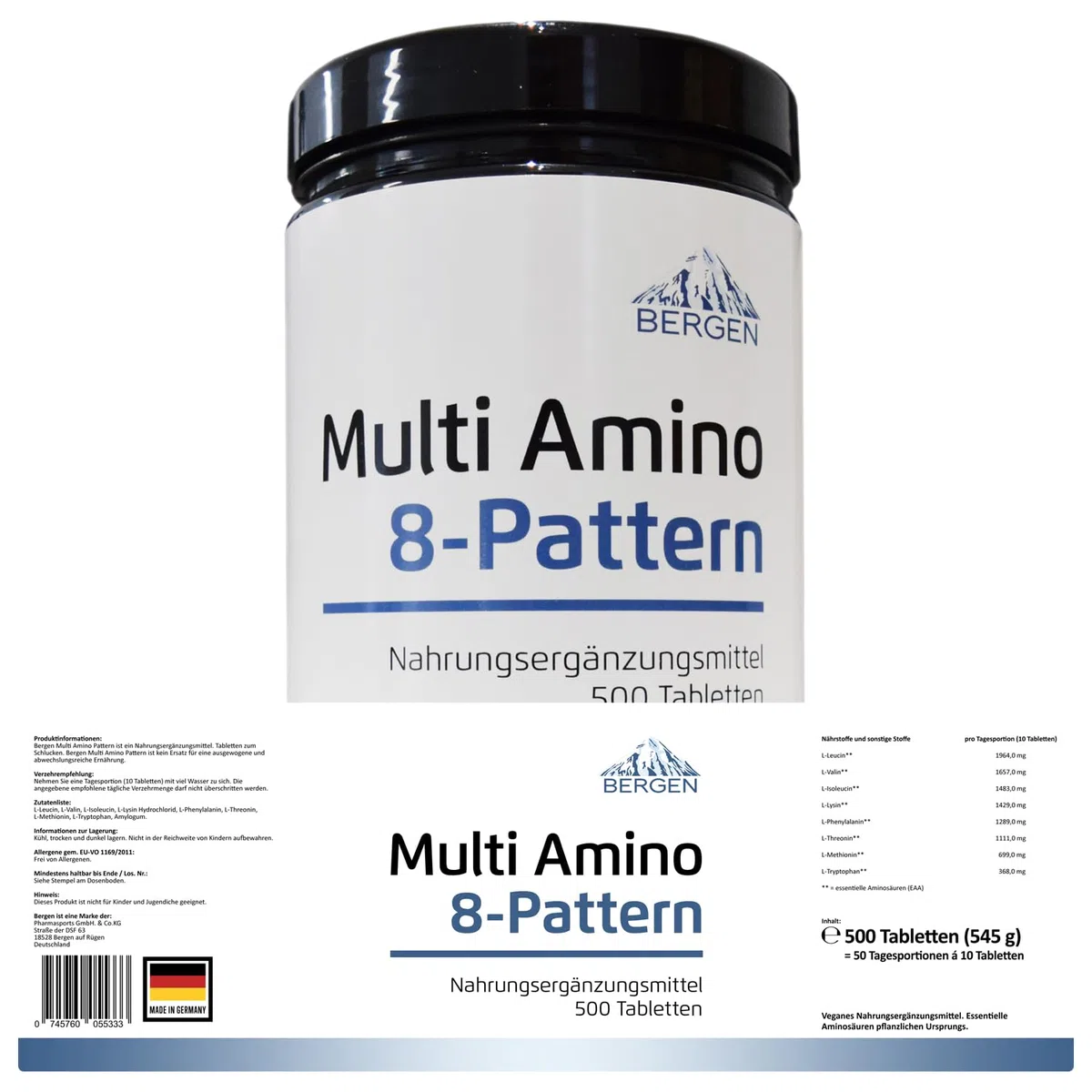 Multi Amino-EAA 8 Pattern - 500 Tabletten mit je 1000 mg - Master Amino Protein Formel mit 8 essentielle Aminosäuren aus Hülsenfrüchten - BCAA - Hochdosiert - Vegan - Laborgeprüft