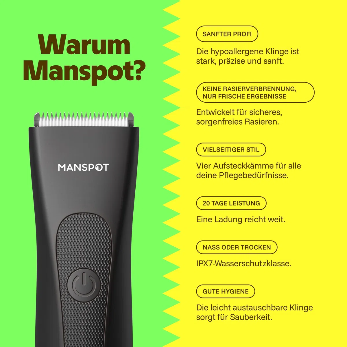 MANSPOT Intimrasierer Mann–Körperrasierer mit Keramikklinge & Abgerundeten Spitzen, Hautfreundlicher Intim Rasierer Elektrisch für Intimbereich & Körper, IPX7 Wasserdicht, 4 Aufsteckkämme