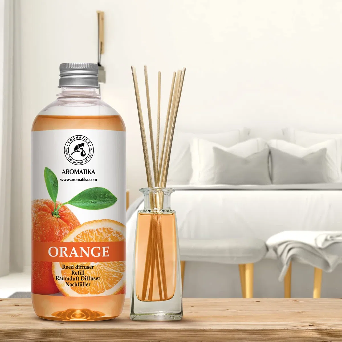 Raumduft Nachfüllflasche Orange 500 ml - Orangendiffusor Nachfüllpackung - Diffusor Zitrus mit natürlichem ätherischem Orangenöl - für Aromatherapie, Haus, Bad, Büro, Boutique