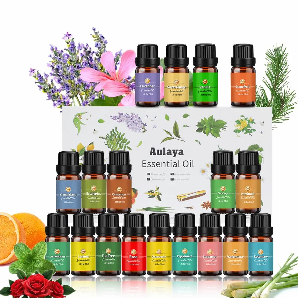 Ätherische Öle Set 18 x 10 ml, Teebaum, Lavendel, Eukalyptus, Weihrauch, Zitronengras, Rosmarin, Orange, Minze, Zitrone, Bergamotte, Ylang-Ylang, Grapefruit,Kamille, Rose, Vanille, Patchouli