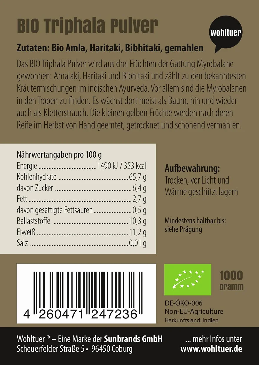 Bio Triphala Pulver 1000g - Enthält Bio Amla, Bio Haritaki und Bio Bibhitaki gemahlen - Ayurvedisch