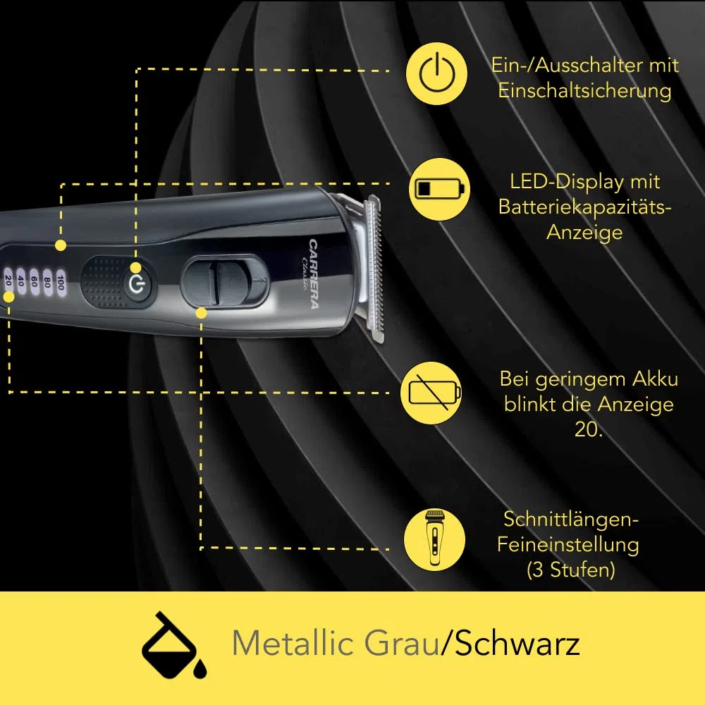 CARRERA Classic 6in1 Haarschneider Set - Haarschneidemaschine mit sechs austauschbaren Schneideaufsätzen, vollausgestattetem Zubehör, LED-Display und bis zu 1h Akku - Metallic Grau/Schwarz