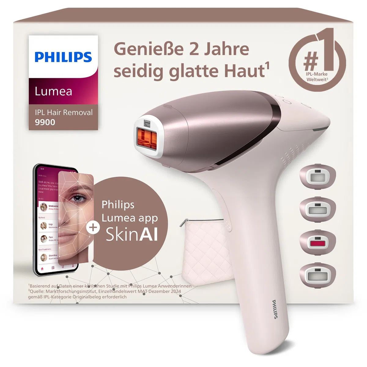 Philips Lumea IPL 9900 Series Haarentfernungsgerät kabellos mit 4 Aufsätzen BRI951/00
