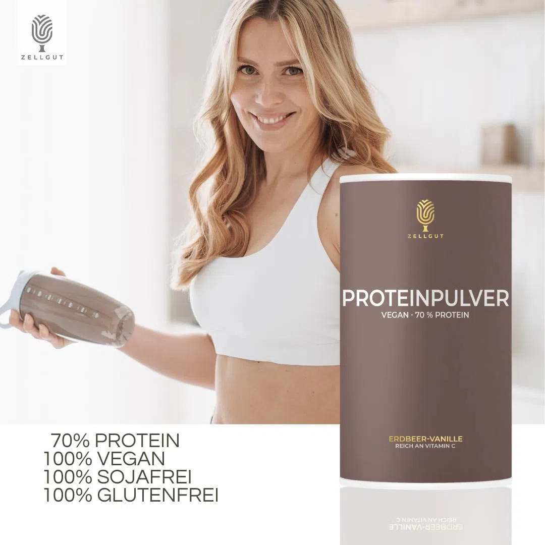 PROTEINPULVER ERDBEER-VANILLE • 70% Protein • 3 pflanzliche Proteinquellen • enthält gesunde Darmbakterien • vegan & glutenfrei • sojafrei