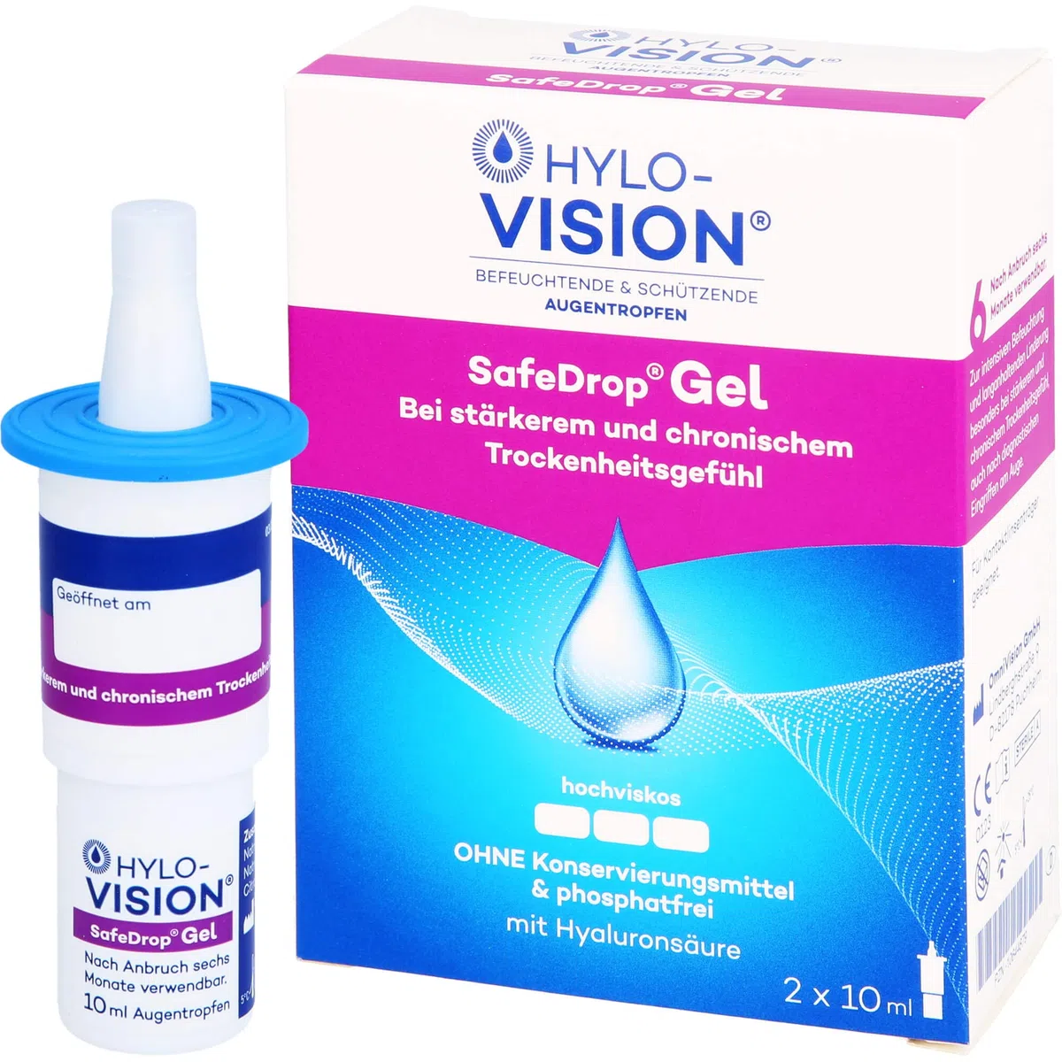 Hylo-Vision SafeDrop Gel Augentropfen – Linderung bei stark und chronisch trockenen Augen, intensive Befeuchtung, hochviskos, konservierungsmittelfrei, geeignet bei Kontaktlinsen, 2x10 ml