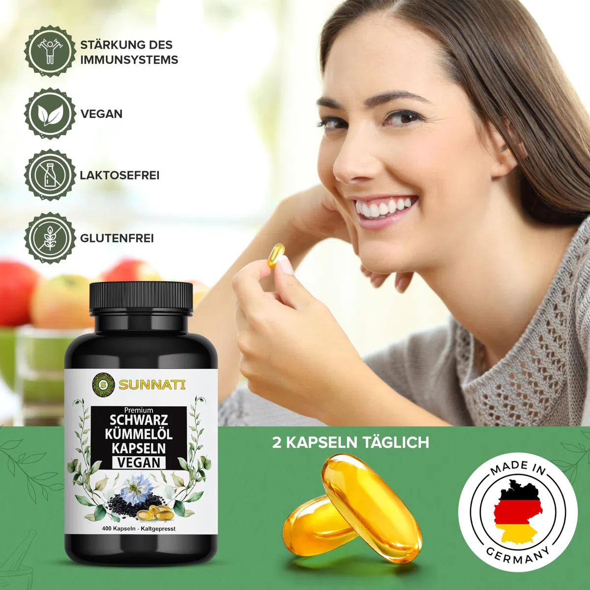 Schwarzkümmelöl - 400 Kapseln VEGAN - 1000 mg Tagesdosis hochdosiert - Kaltgepresst, Ägyptisch, mit Vitamin E, von Sunnati - In Deutschland hergestellt