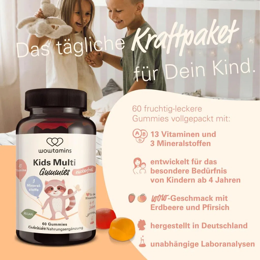 wowtamins Kids Multi Gummies zuckerfrei - Vitamine für Kinder (30-Tage-Vorrat) mit 13 Vitaminen & 3 Mineralstoffen - Nahrungsergänzungsmittel als hochdosierte & Vegane Multivitamin Gummies