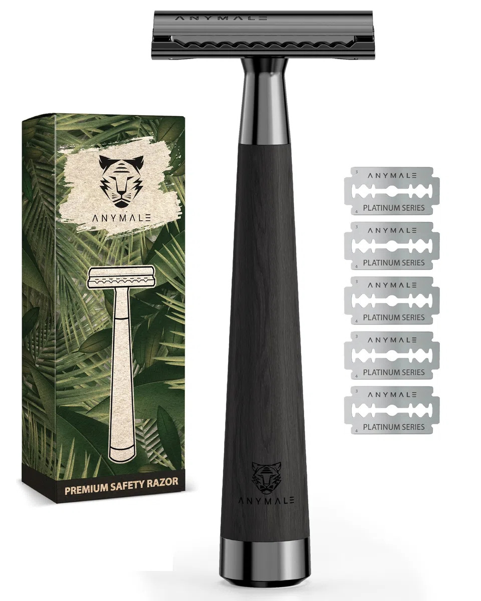 Rasierhobel „Midnight“ für Damen & Herren Griff aus Ahornholz (Schwarz) - Holz Nassrasierer & Rasierer Metall mit 5 Klingen (Zero Waste) - Männer-Rasierer, Klingenrasierer & Safety Razor