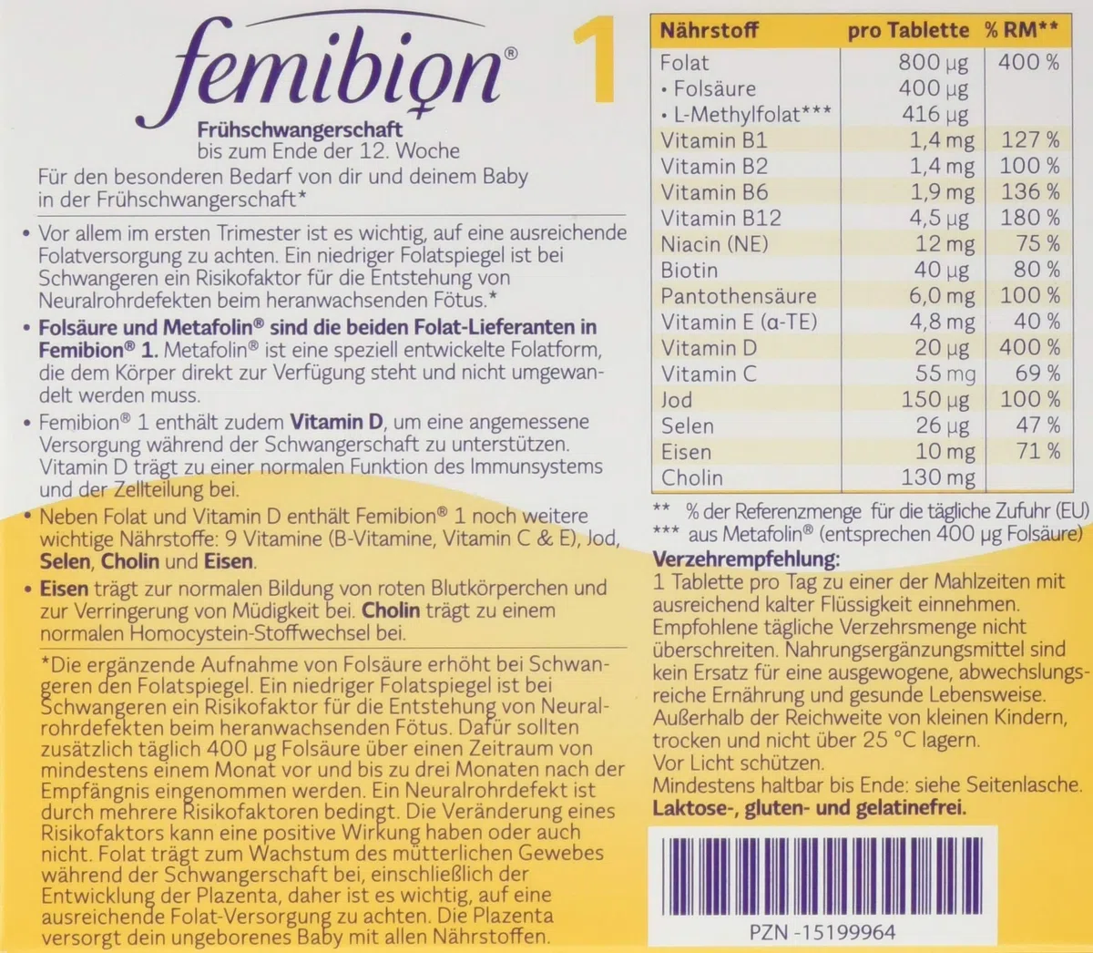 Femibion 1 Frühschwangerschaft, Tägliches Nahrungsergänzungsmittel für SSW 1-12, mit Cholin, Folsäure, Metafolin, 4-Wochen-Pack, 28 Stück