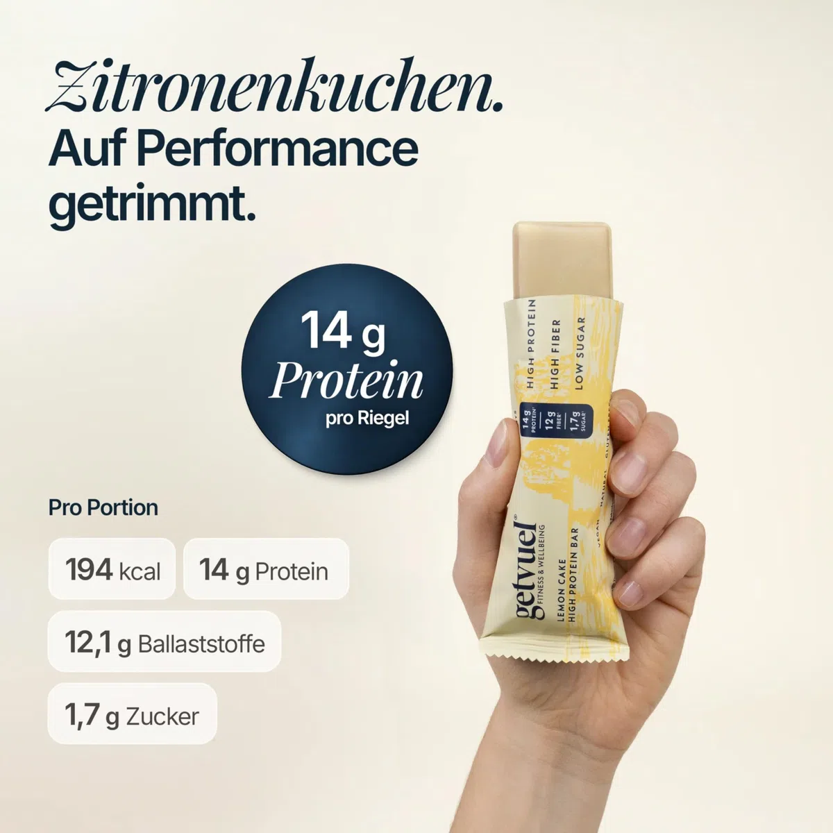getvuel High Protein Riegel Lemon Cake – 12x50g | 14g pflanzliches Protein | nur 1,7g Zucker | vegan, glutenfrei | mit weißer Schokolade | natürliche Zutaten