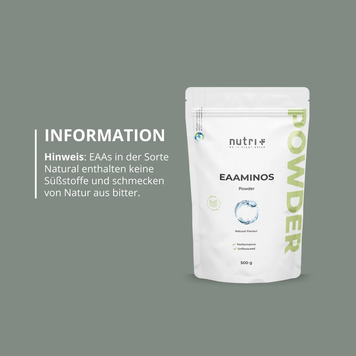 Nutri + EAA Pulver Neutral 500 g hochdosiert + vegan - 9 essentielle Aminosäuren - Instant Natural ohne Süßstoff, Zusatzstoff & künstlichen Geschmack