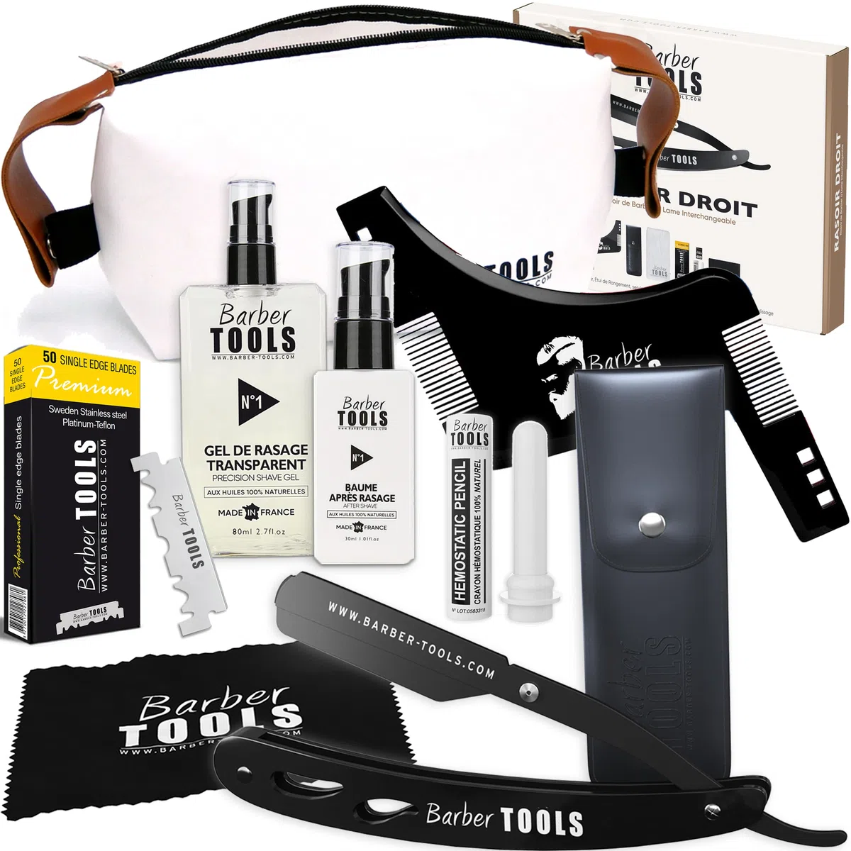 Bart-Rasier-Set für Männer/Bart-Rasiermesser - mit 50 Einzelklingen + Führungskamm + 80-ml-klarem Rasiergel + 30-ml-Aftershave + Alunstift + großer Beutel - SCHWARZ - BARBER TOOLS