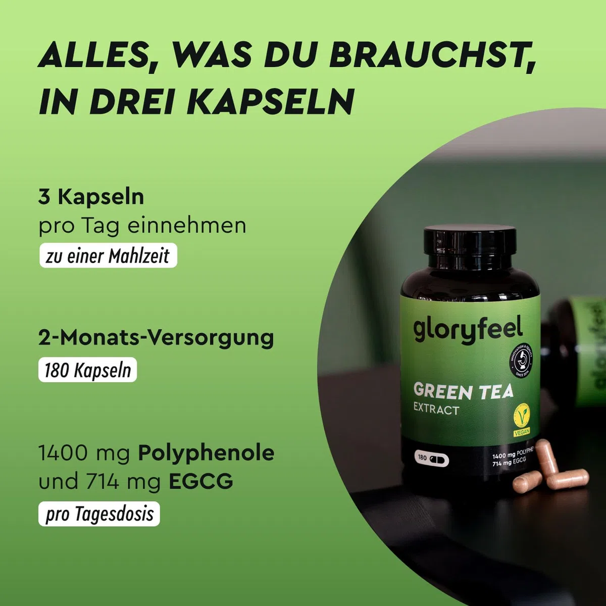 Grüntee Kapseln – 1429 mg Grüntee Extrakt mit 1400 mg Polyphenolen pro Tag – 714 mg EGCG – mit Schwarzem Pfefferextrakt – 180 vegane Kapseln für Sport & Wohlbefinden (3 Stück am Tag) – laborgeprüft