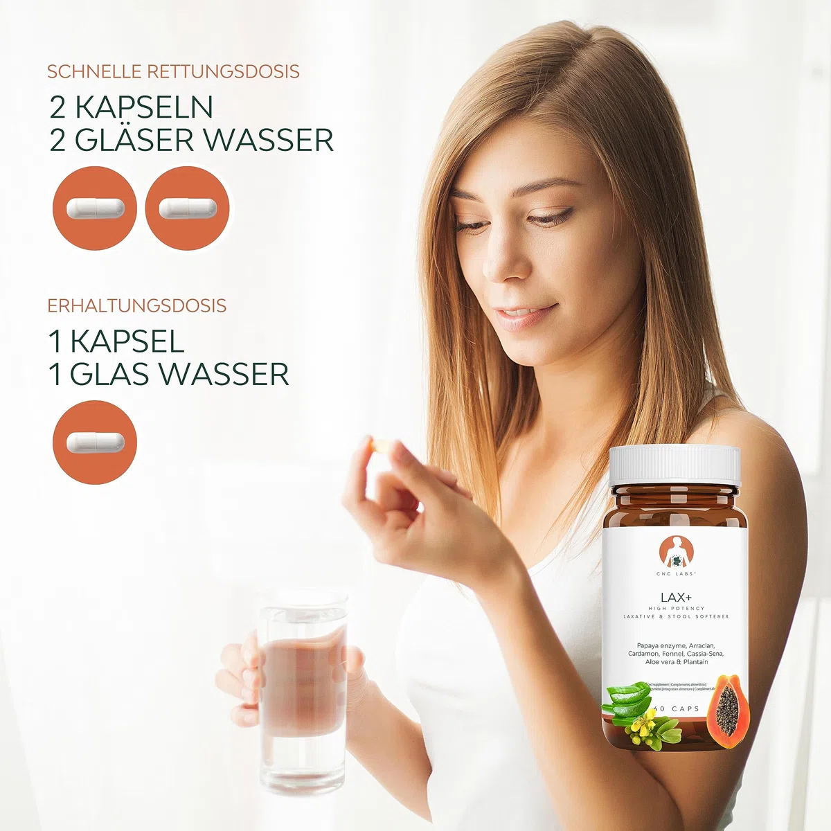 Abführmittel schnell wirkend LAX+, Stuhlweichmacher, 100% natürlich mit Aloe Vera, stark bei Verstopfung, lindert Verstopfung mit Papaya, Arraklan, Kardamom, Fenchel, Senna, Pflanzen