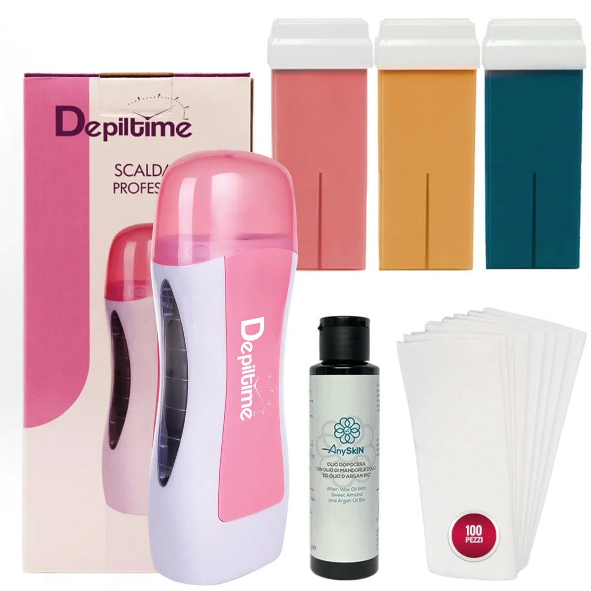 EPILATION KIT> ROLLER WAX WARMER + 3 ROLLER NACHFÜLLUNGEN + ANYSKIN NACH WAX + 100 EPILATION STRIPS