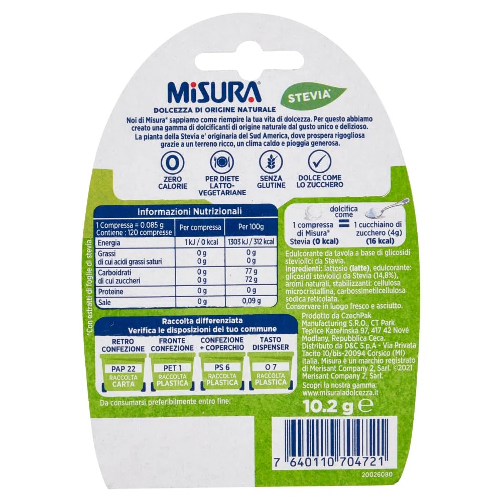 3x Misura Stevia Dolcificante in Compresse, Süßstoff in Tabletten, keine Kalorien, Gluten -freie, offene und tragbare Verpackung, 120 Tabletten + Italian gourmet polpa 400g