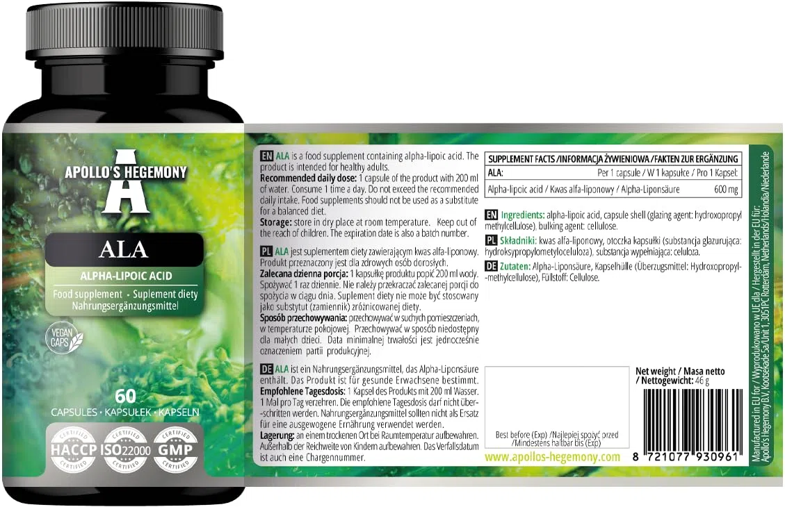 ALA (Alpha Lipoic Acid) 600 mg - 60 Vegan Capsules - Optimizes Glucose Management - Supports Mitochondrial Health - Two Month Supply - by Apollo's Hegemony